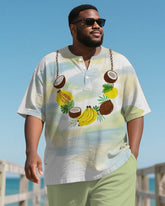 Men's Plus Size Hawaiian Fruit Necklace Printed Henry Collar Short Sleeve T-Shirt Shorts Suit